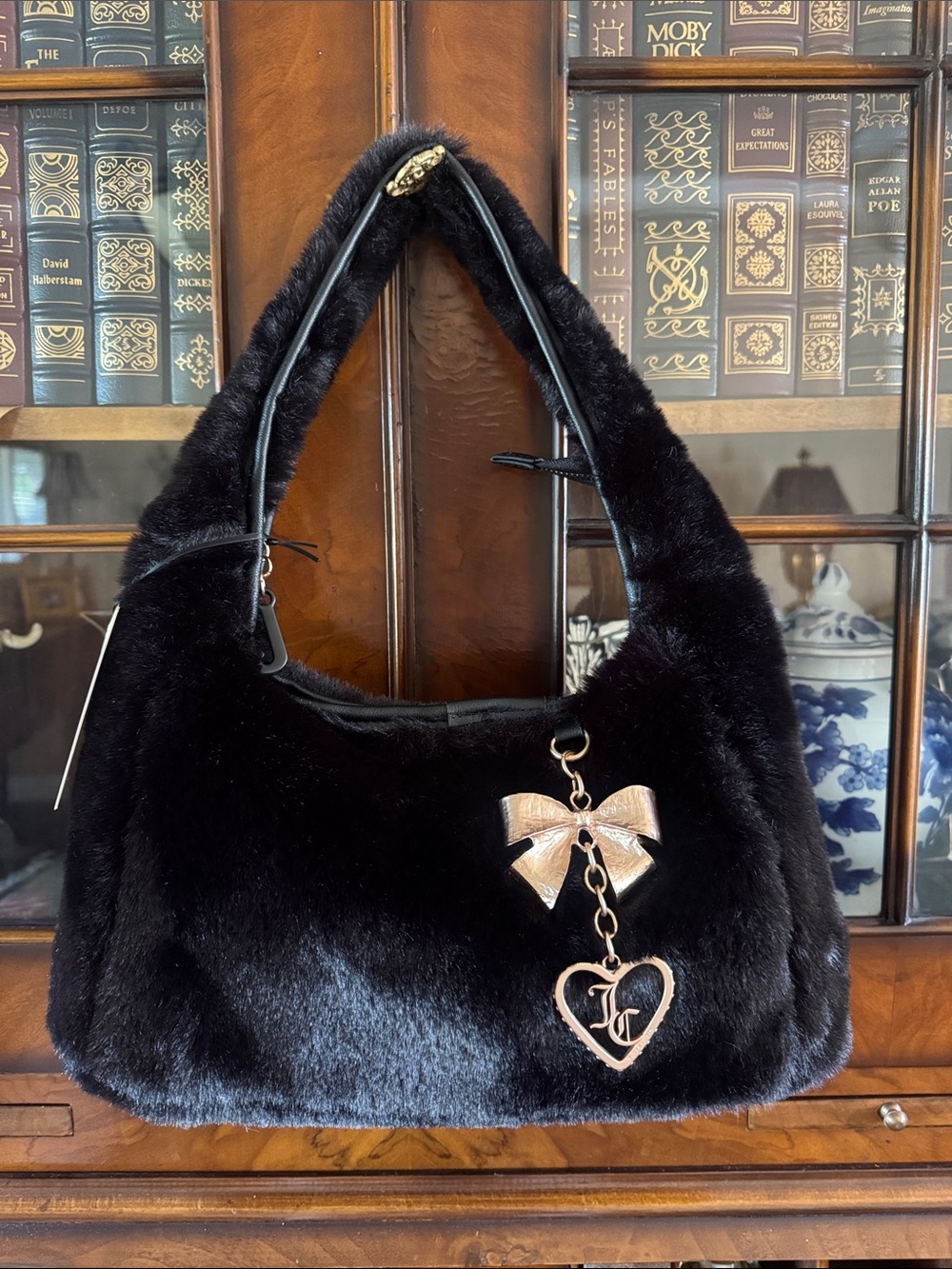 Juicy Couture Black Faux Fur Shoulder Bag with Gold Bow & Heart Charm
